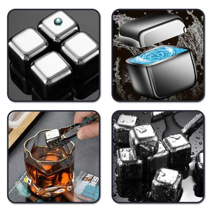 6-Piece Stainless Steel Ice Cube Kit with Silicone Tongs and Tray with Lid